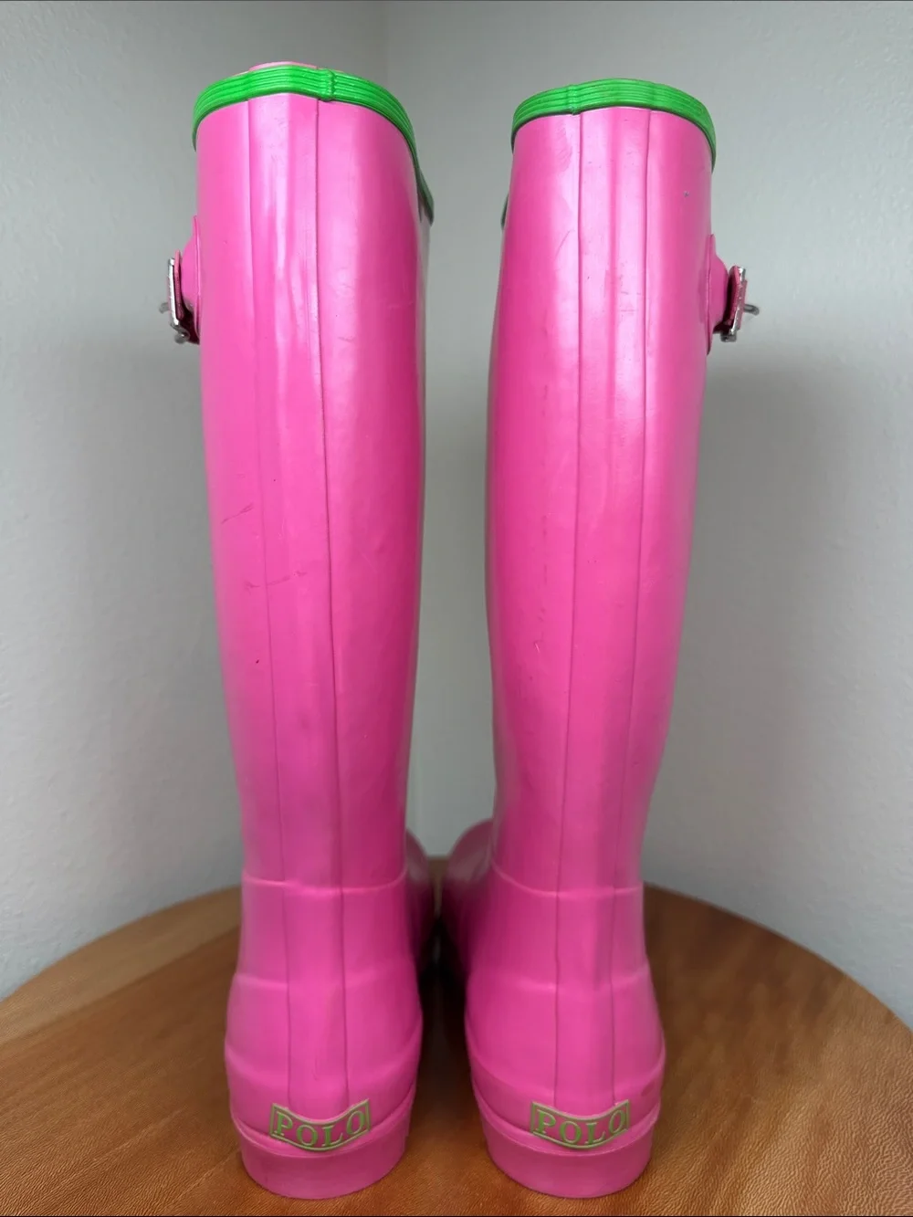 Ralph Lauren Bright Pink & Green Rubber Rain Boots Preppy Galoshes Ladies Size 6